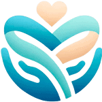Ein abstraktes Logo mit stilisierten Händen in türkiser Farbe, die eine Herzform bilden, über der ein kleineres Herz schwebt, alles vor einem transparenten Hintergrund. -Pflegekräfte aus Polen | Betreuungshelden24